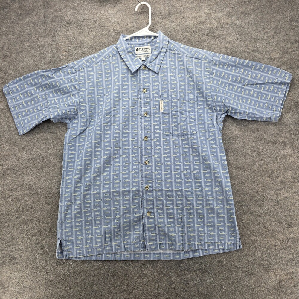 Columbia Shirt Mens Medium Button Up Short Sleeve Blue Fish Marlin